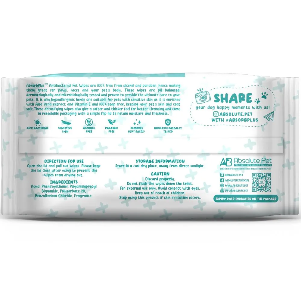 4 FOR $15: Absorb Plus Antibacterial Baby Powder Scented Pet Wipes 80ct