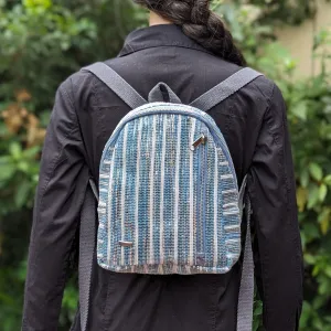 Blue and Shimmery Silver Striped Upcycled Handwoven Bug Pack (BPK0824-025) PS_W