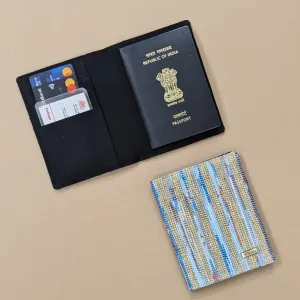 Blue Red and Golden Shimmery Striped Upcycled Handwoven Passport Cover (PC1224-007) PS_W