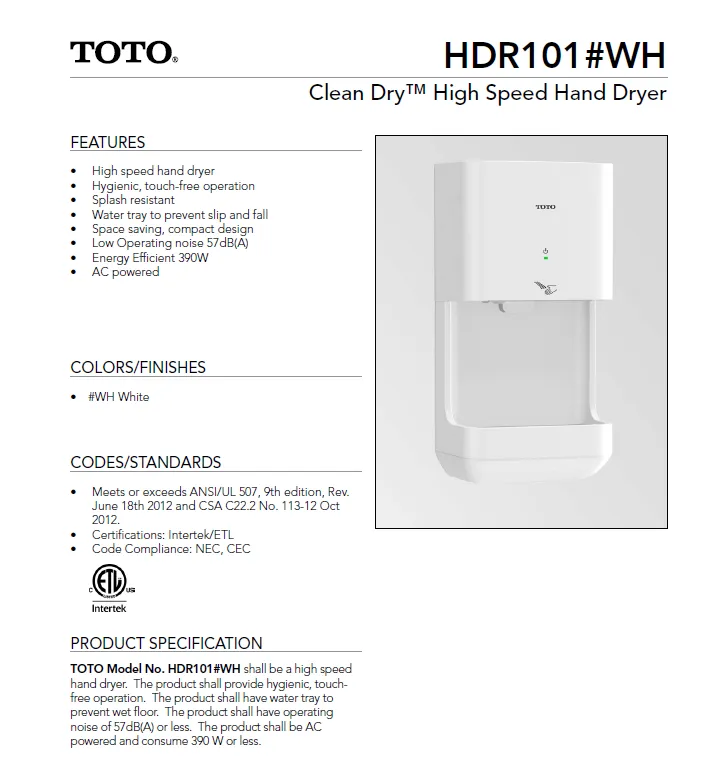 HDR101#WH, TOTO Clean Dry White Automatic High Speed