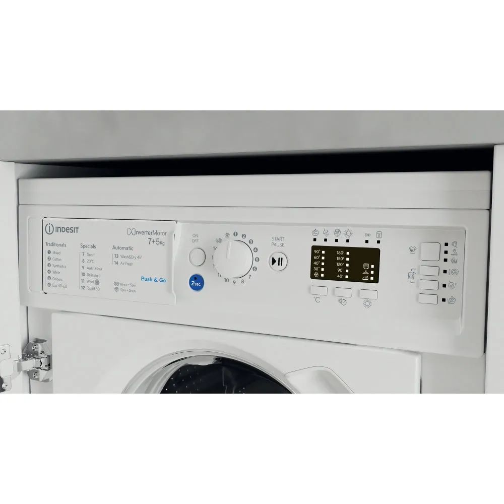 Indesit BIWDIL75148UK Integrated Washer Dryer, 7kg/5kg, 1400 Spin, White, E Rated