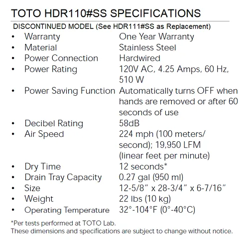 TOTO® HDR110#SS CLEAN DRY™ ***DISCONTINUED***  No Longer Available - Replaced by TOTO HDR111#SS