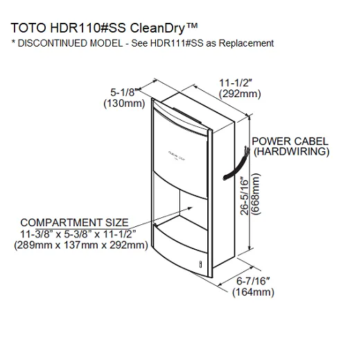 TOTO® HDR110#SS CLEAN DRY™ ***DISCONTINUED***  No Longer Available - Replaced by TOTO HDR111#SS