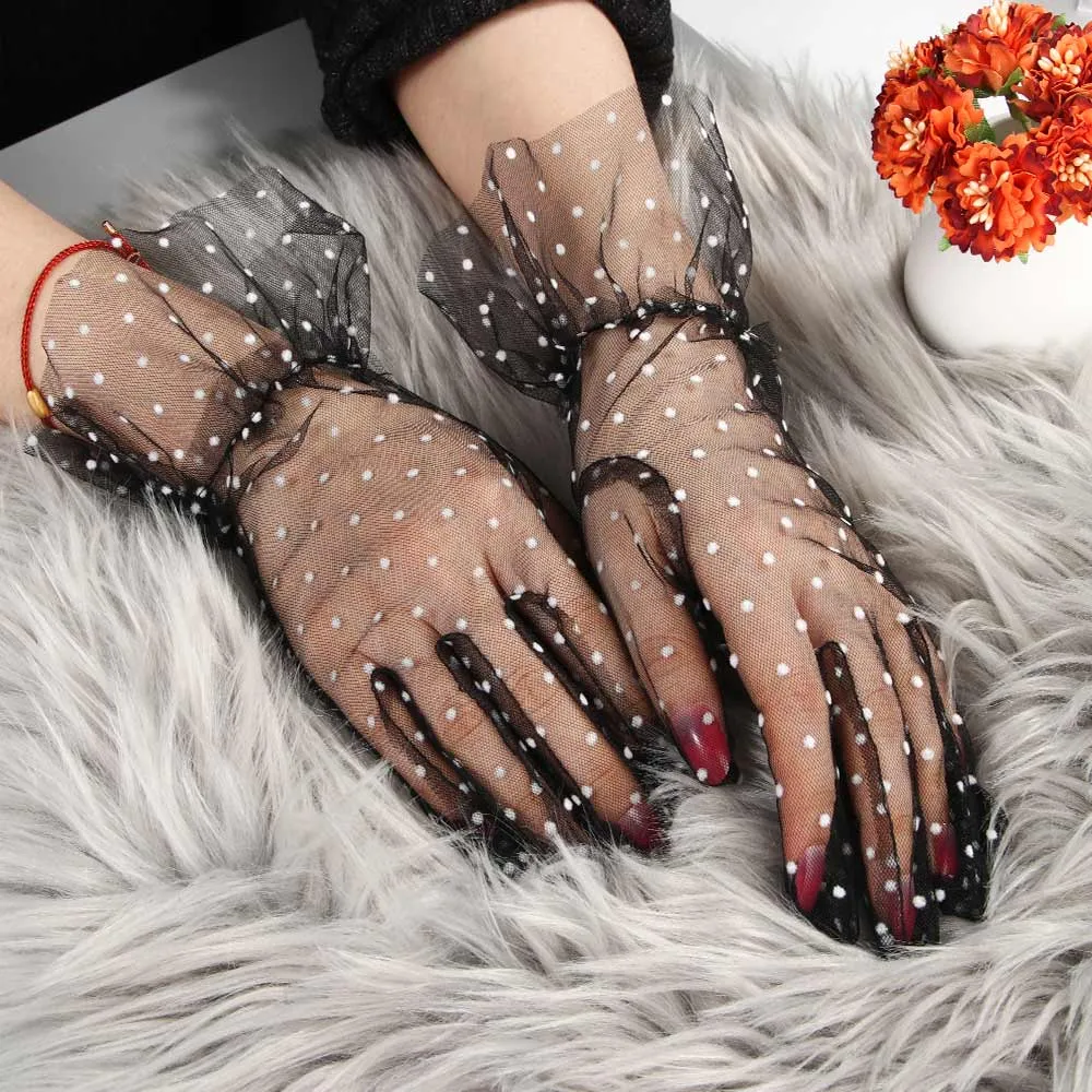 Women Short Tulle Stretchy  Spots Mesh Lace Gloves