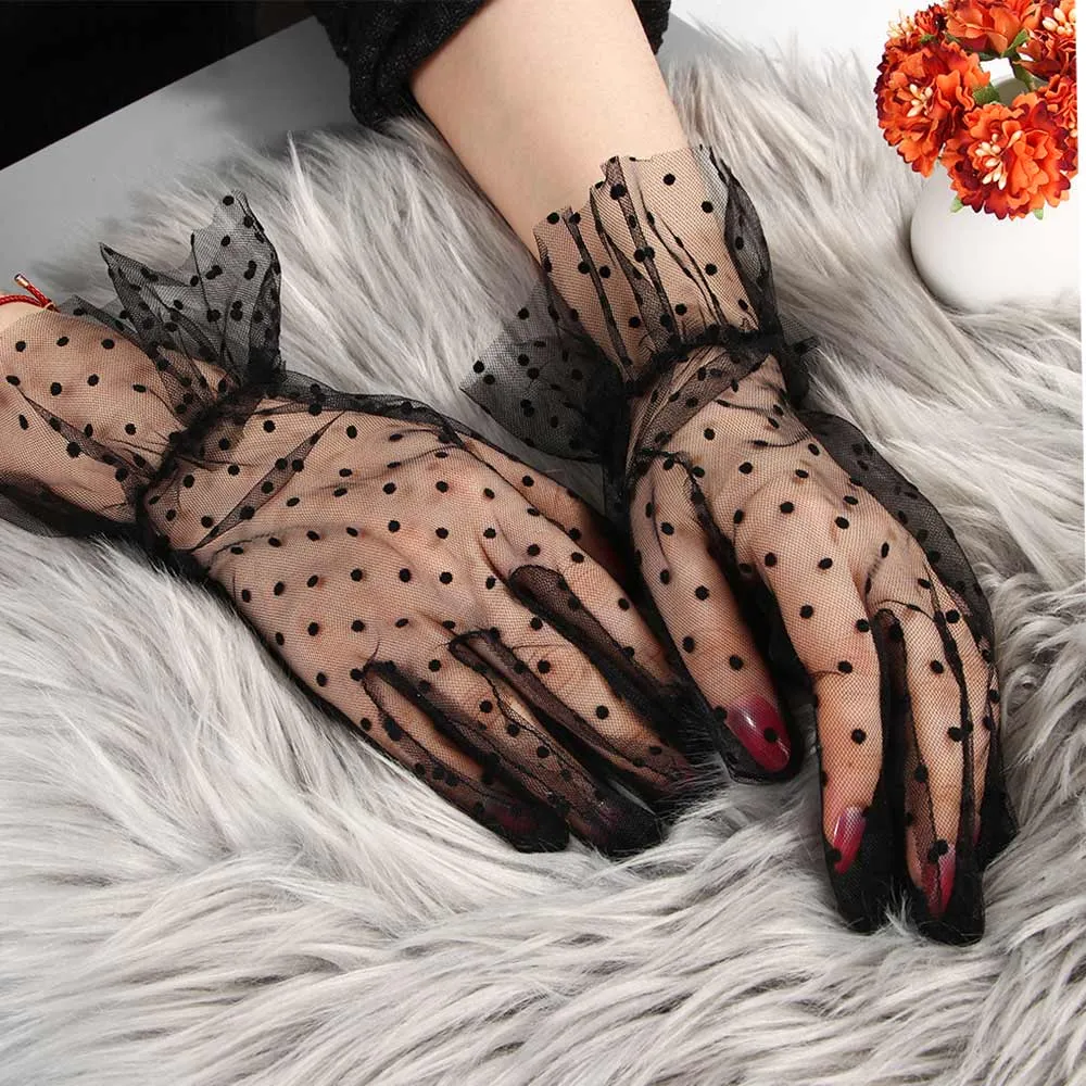 Women Short Tulle Stretchy  Spots Mesh Lace Gloves