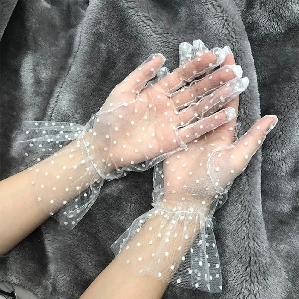 Women Short Tulle Stretchy  Spots Mesh Lace Gloves