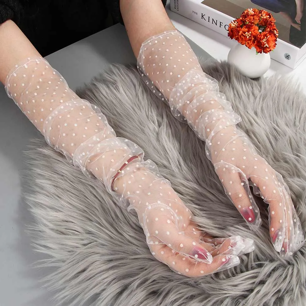 Women Short Tulle Stretchy  Spots Mesh Lace Gloves