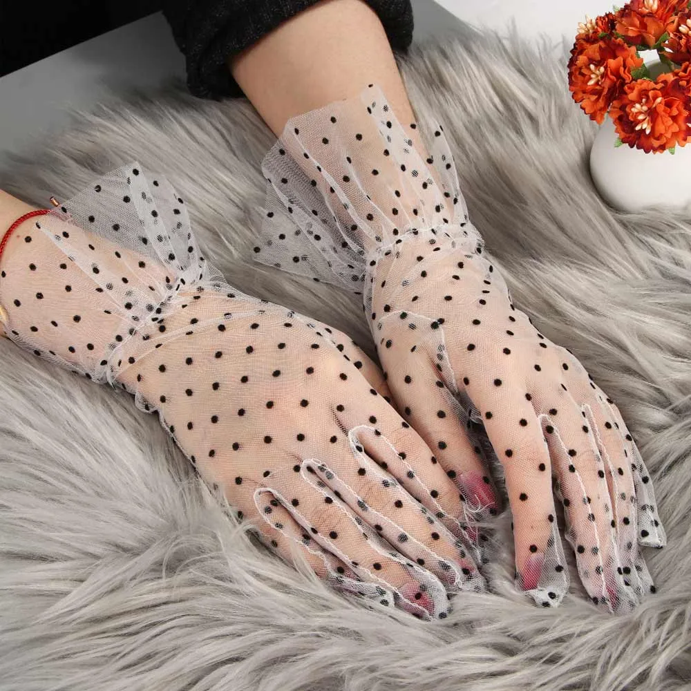 Women Short Tulle Stretchy  Spots Mesh Lace Gloves